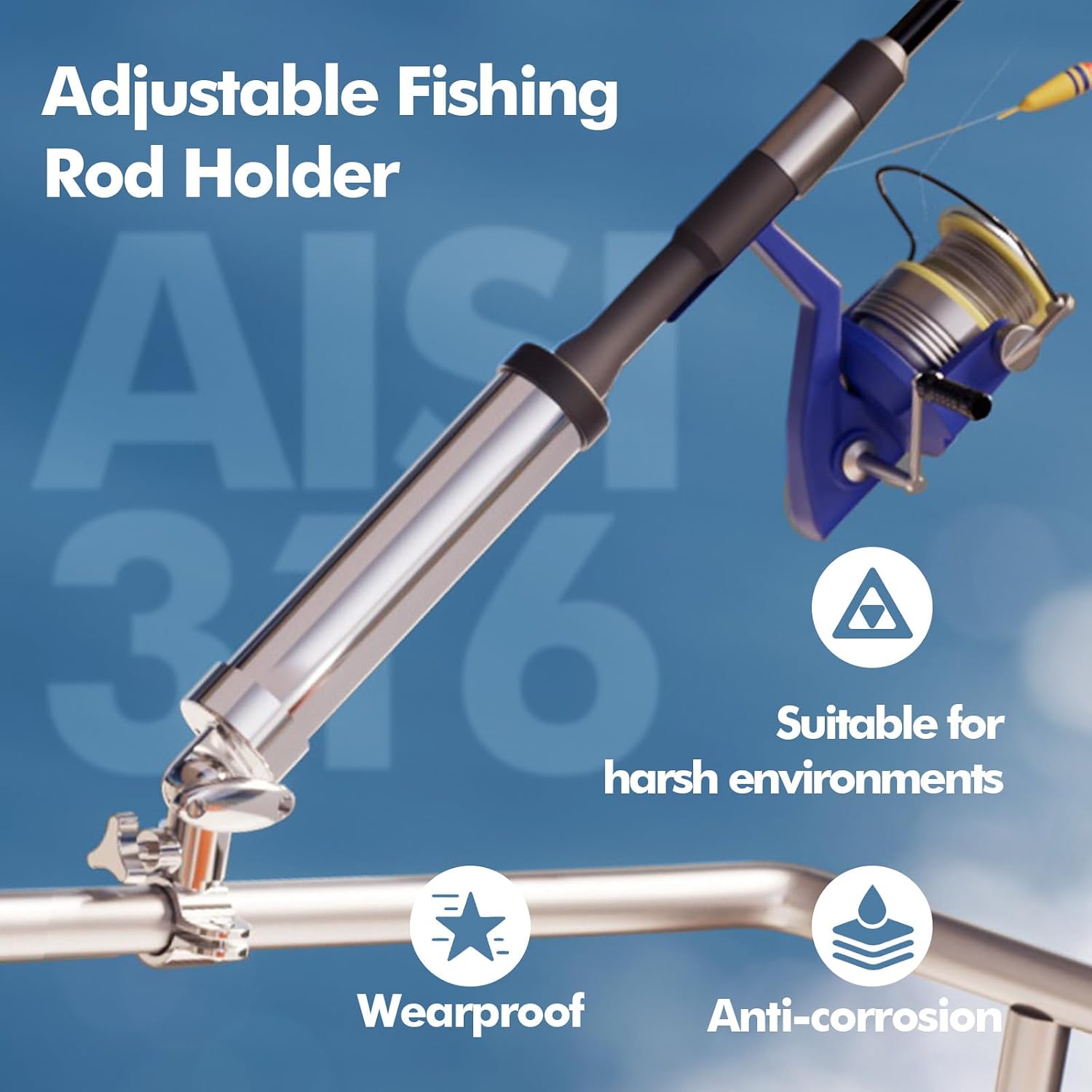 Fishing Rod Holder for Boat ,Stainless Steel 316 Rail Mount Clamp Fishing Rod Holders Marine Grade 360 Degree Adjustable Fishing Rod Holder