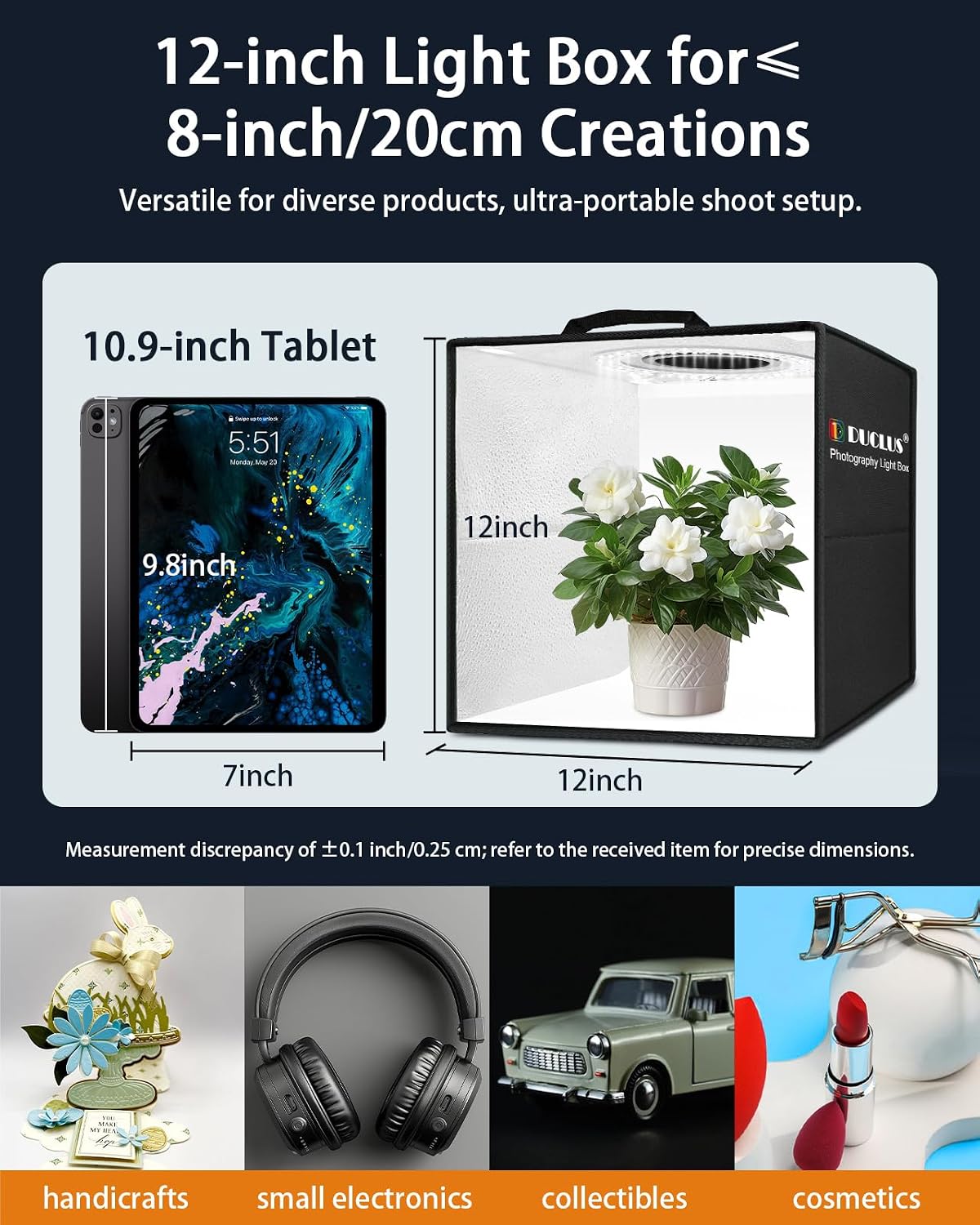 DUCLUS Light Box Photography, 12"x12" Photo Booth Box with 120 LED Lights Dimmable & CRI＞95, Portable Lightbox with 8 Backdrops for Mini Product Photography: Jewelry, Cards, Watches
