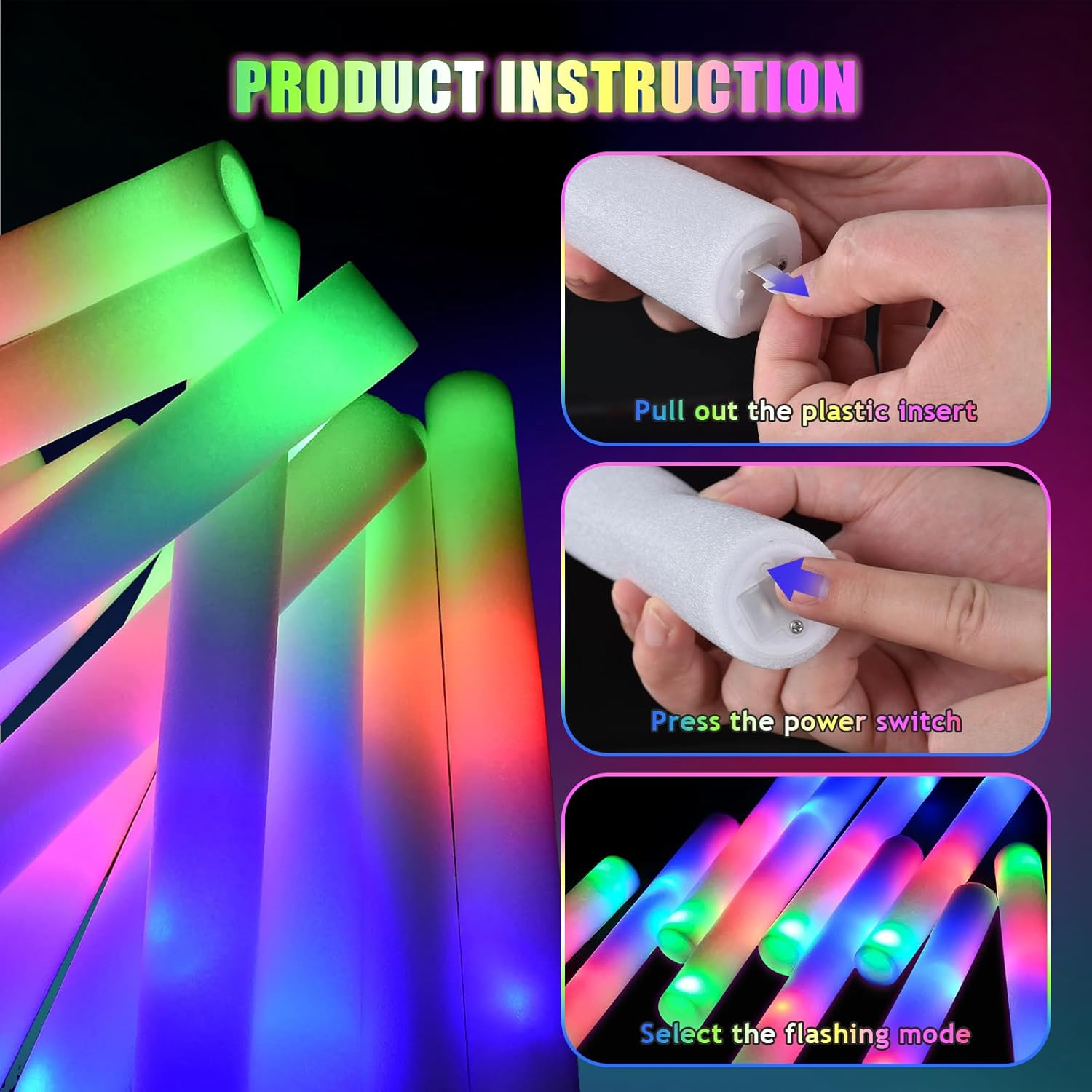 30pcs Foam Light up Sticks Bulk, Glow in the Dark Party Supplies with 3 Flashing Modes, Glow Wands for Birthday, Wedding, Concert, Outdoor Camping, Raves Foam Sticks