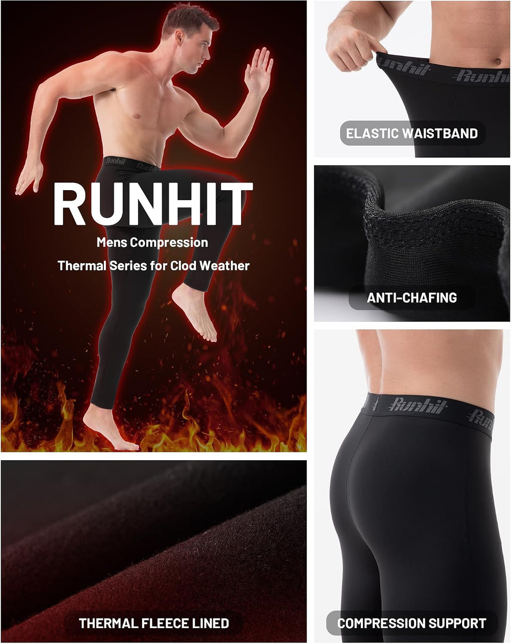 Runhit Men's Thermal Compression Pants Fleece Lined Sports Tights Athletic Leggings Base Layer Bottoms Cold Weather Gear
