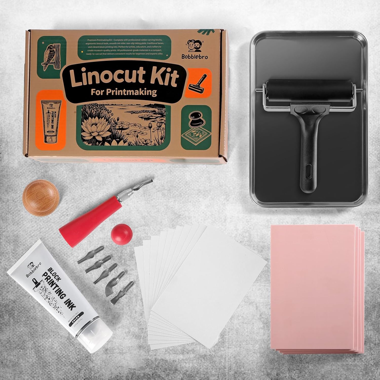 Bobblebro Linocut Kit for Printmaking, Stamp Making Kit with Carving Tools
