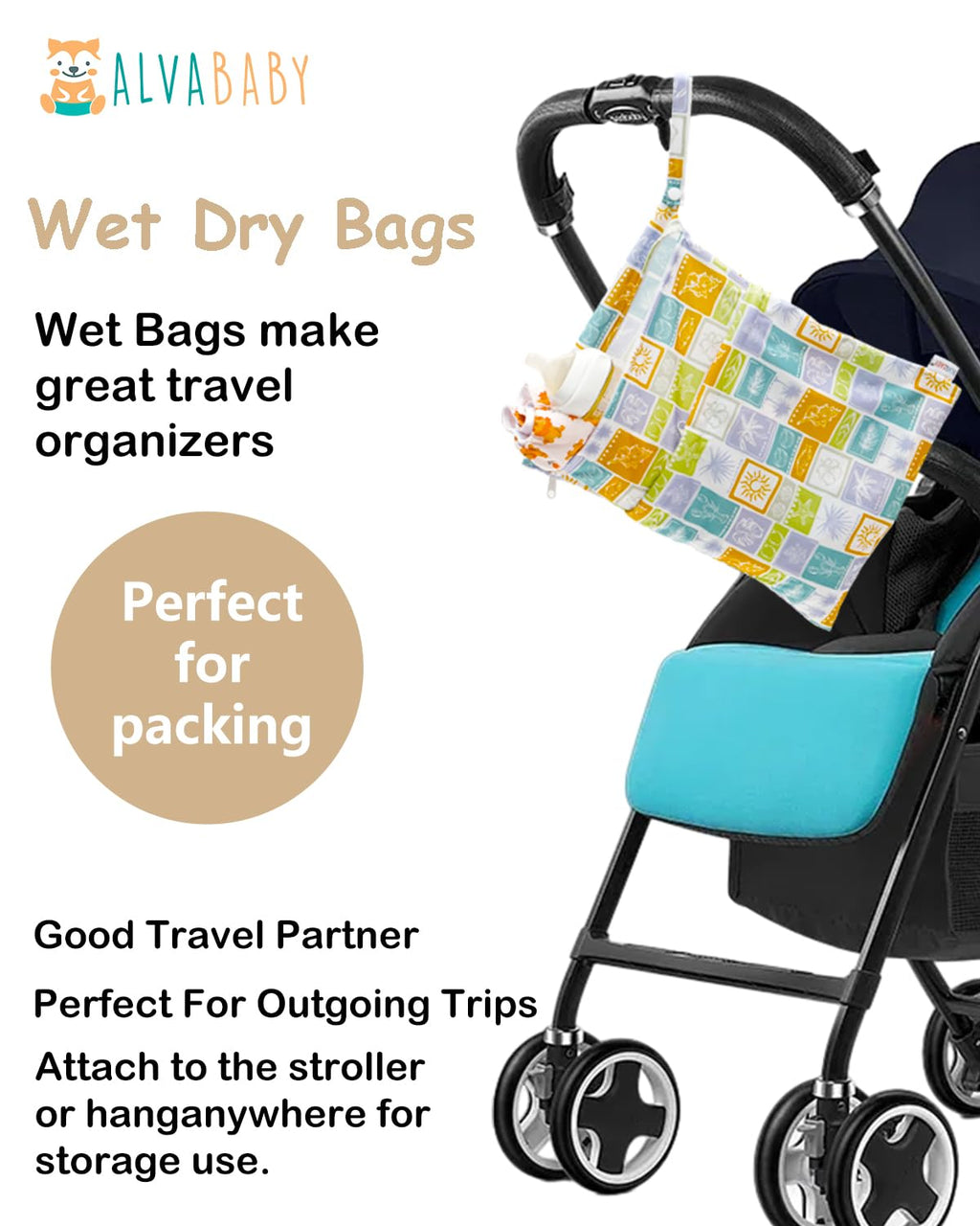 ALVA ALVABABY 2pcs Cloth Diaper Wet Dry Bags Waterproof Reusable with Two Zippered Pockets Travel Beach Pool Daycare Soiled Baby Items Yoga Gym Bag for Swimsuits or Wet Clothes 2LM21