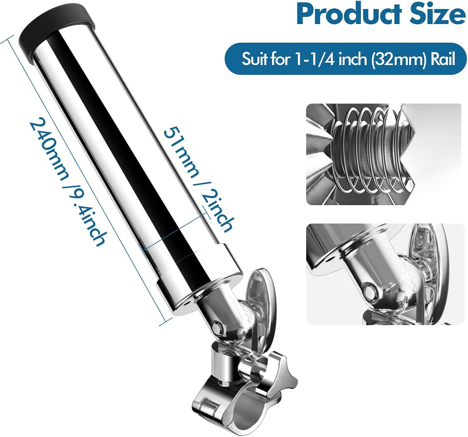 Fishing Rod Holder for Boat ,Stainless Steel 316 Rail Mount Clamp Fishing Rod Holders Marine Grade 360 Degree Adjustable Fishing Rod Holder