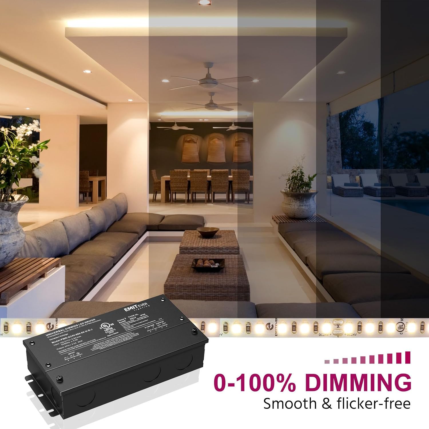 EMITEVER 2-Pack 60W 24V 5-in-1 Dimmable LED Driver, AC 110-277V to DC