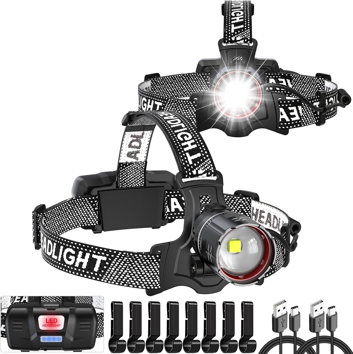ATDOALL Headlamp Rechargeable, Super Bright LED Head Lamps 2-Pack Headlight