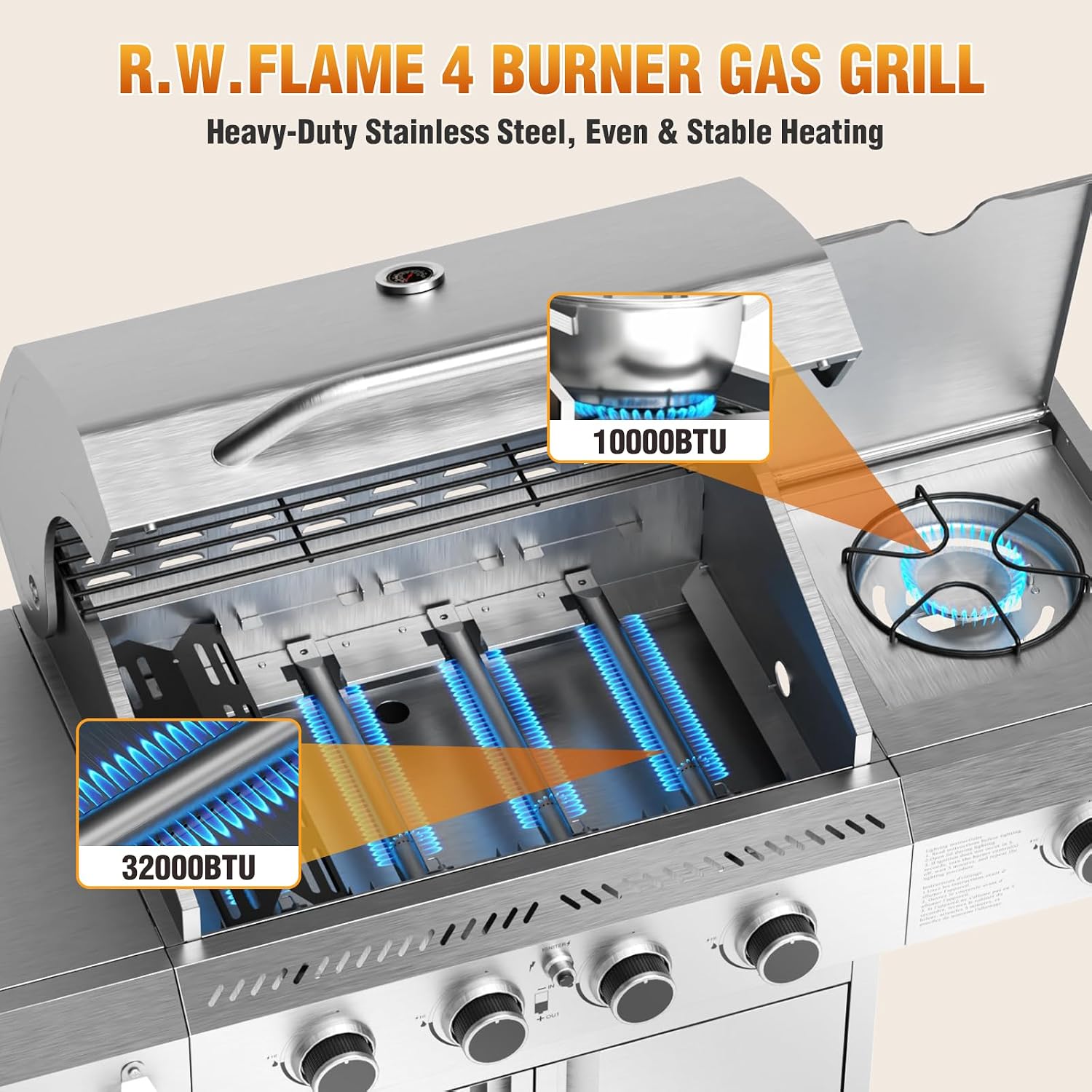 R.W.FLAME 4-Burner Gas Grill with Side Burner, Stainless Steel Propane Grill 42000BTU for Outdoor Cooking, with Porcelain-Enameled Grates, Baking Pan, Silver