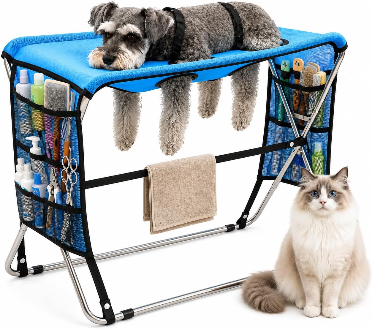 Pet Grooming Hammock with Stand for Small Dogs and Cats, (Dark blue)