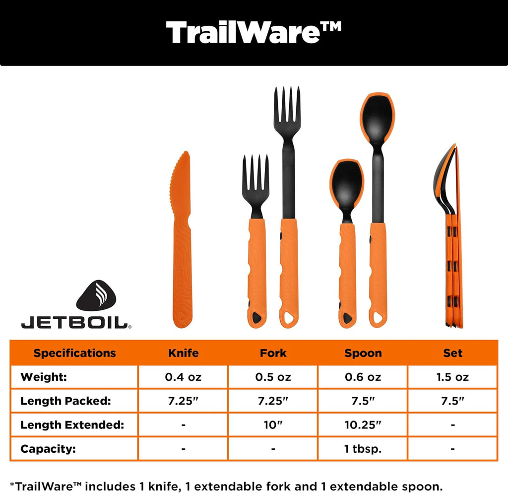 Jetboil TrailWare Backpacking and Camping Utensil Set, Extendable Fork, Knife and Spoon
