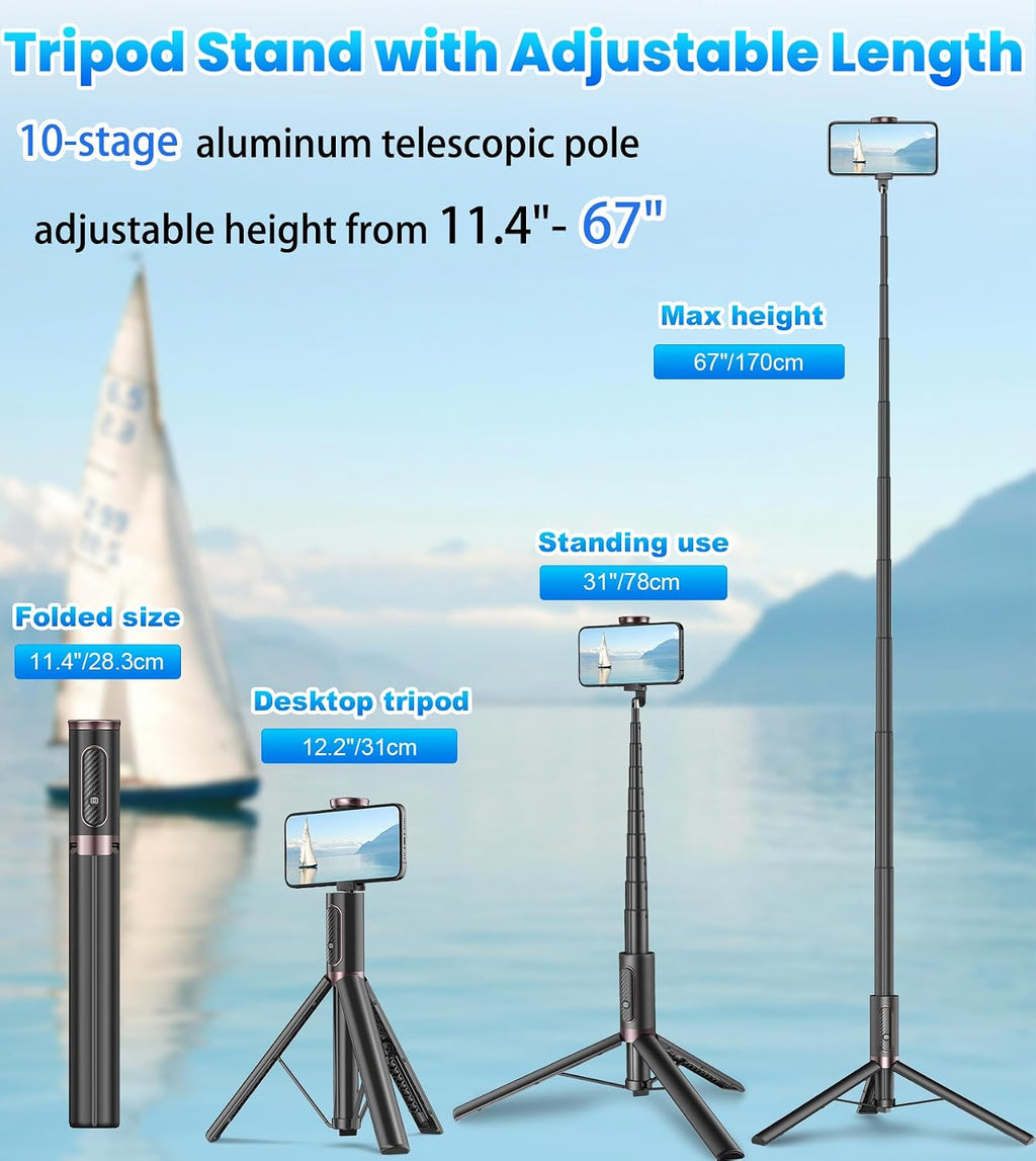 TONEOF 67" Cell Phone Selfie Stick Tripod,Smartphone Stand All-in-1 with Integrated Wireless Remote,Portable,Lightweight,Extendable for iPhone/Android(Black)