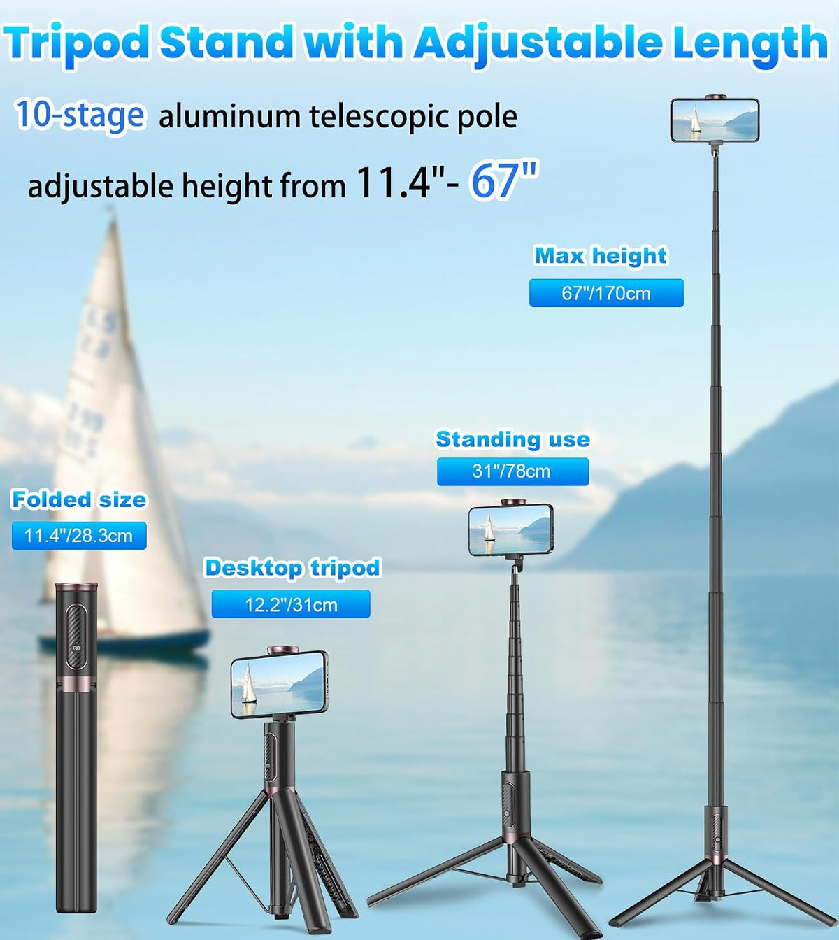 TONEOF 67" Cell Phone Selfie Stick Tripod,Smartphone Stand All-in-1 with Integrated Wireless Remote,Portable,Lightweight,Extendable for iPhone/Android(Black)