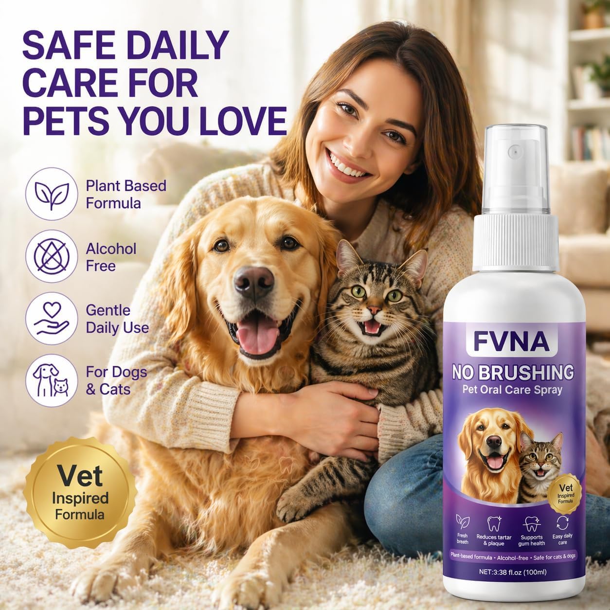 FVNA No Brushing Pet Oral Care Spray, Breath Freshener & Teeth Cleaning Pet Dental Care Spray for Dogs & Cats, Reduce Plaque & Tartar, Supports Gum Health,Daily Dental Care for Pets
