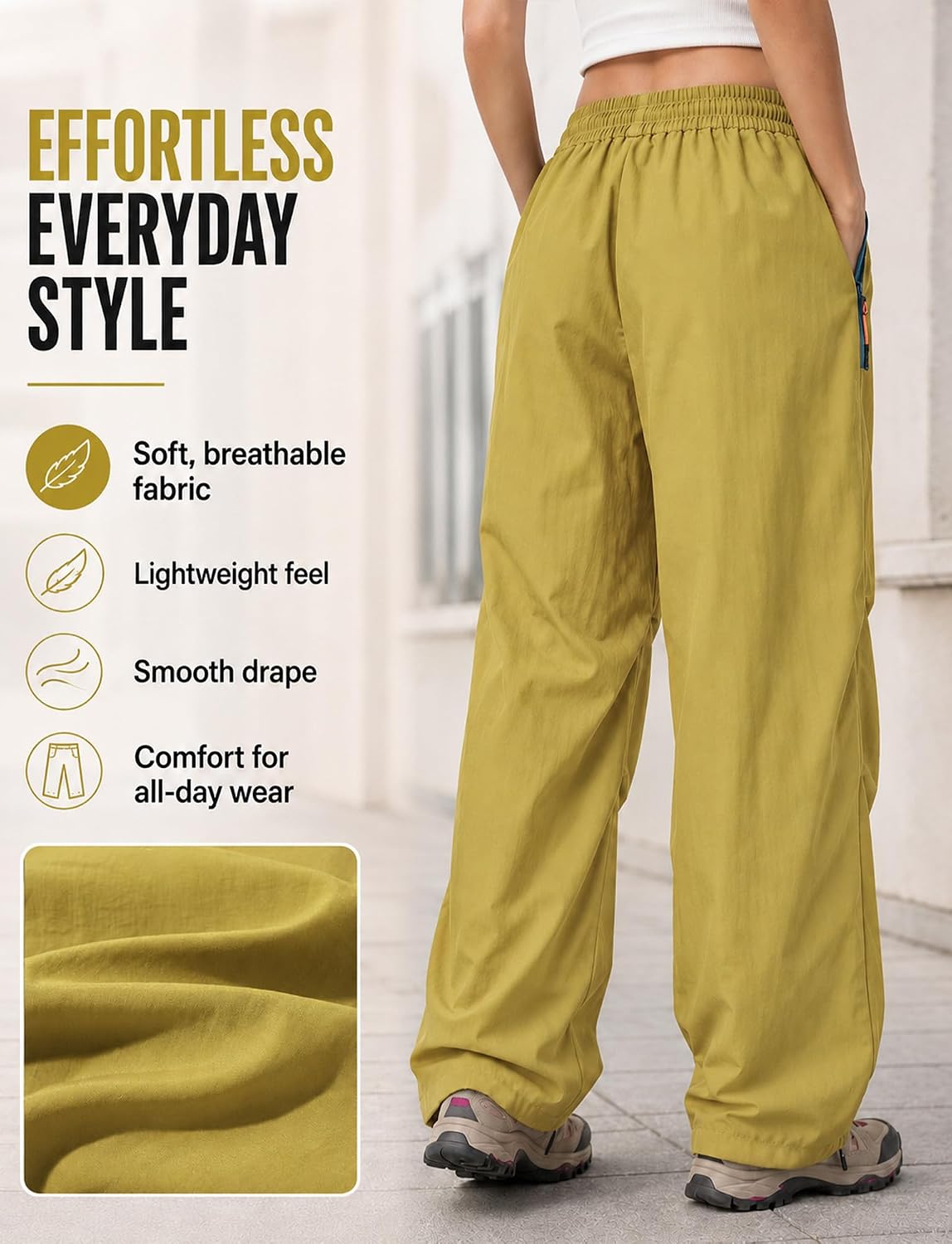 FEOYA Waterproof Pants Women Light Rain Pants Parachute Drawstring Cuffs