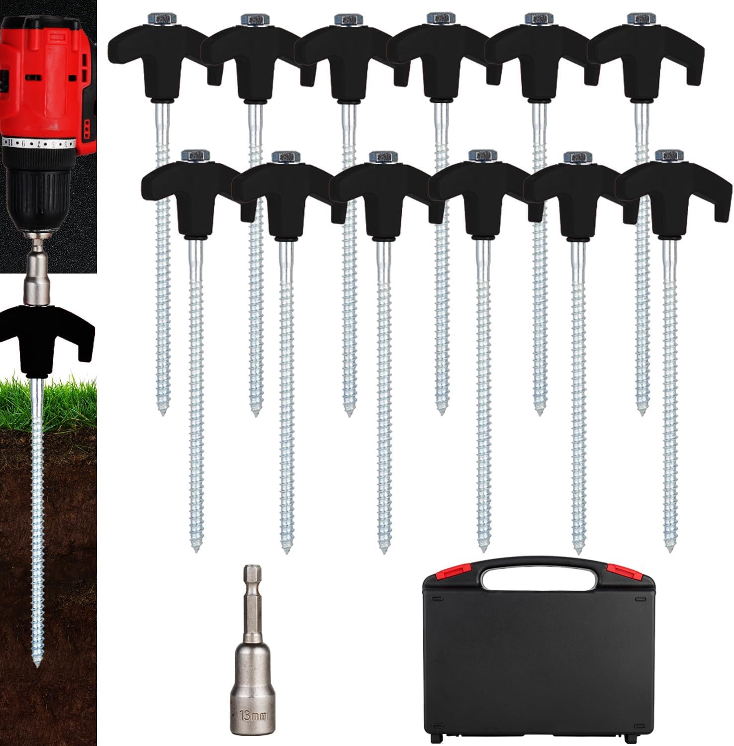 12 Pack Screw in Tent Stakes Heavy Duty,8 ’’ Ground Anchors Screw in,Metal Stakes with Hex Head Driver and Sturdy Storage Box. (12, Orange)