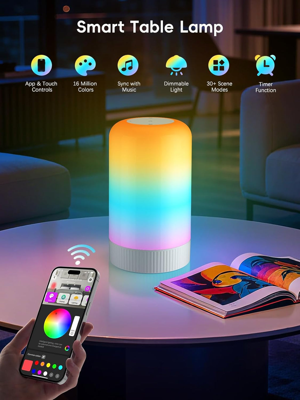 RGBICWW Smart Table Lamp, Touch Bedside Lamp LED Desk Lamp with App Control