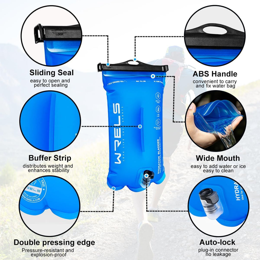 WRELS 1L/1.5L/2L/3L BPA Free Hydration Bladder,Leakproof TPU Water Bladder for Hiking Backpack,Large Opening Water Reservoir Hydration Pack for Running Cycling Camping