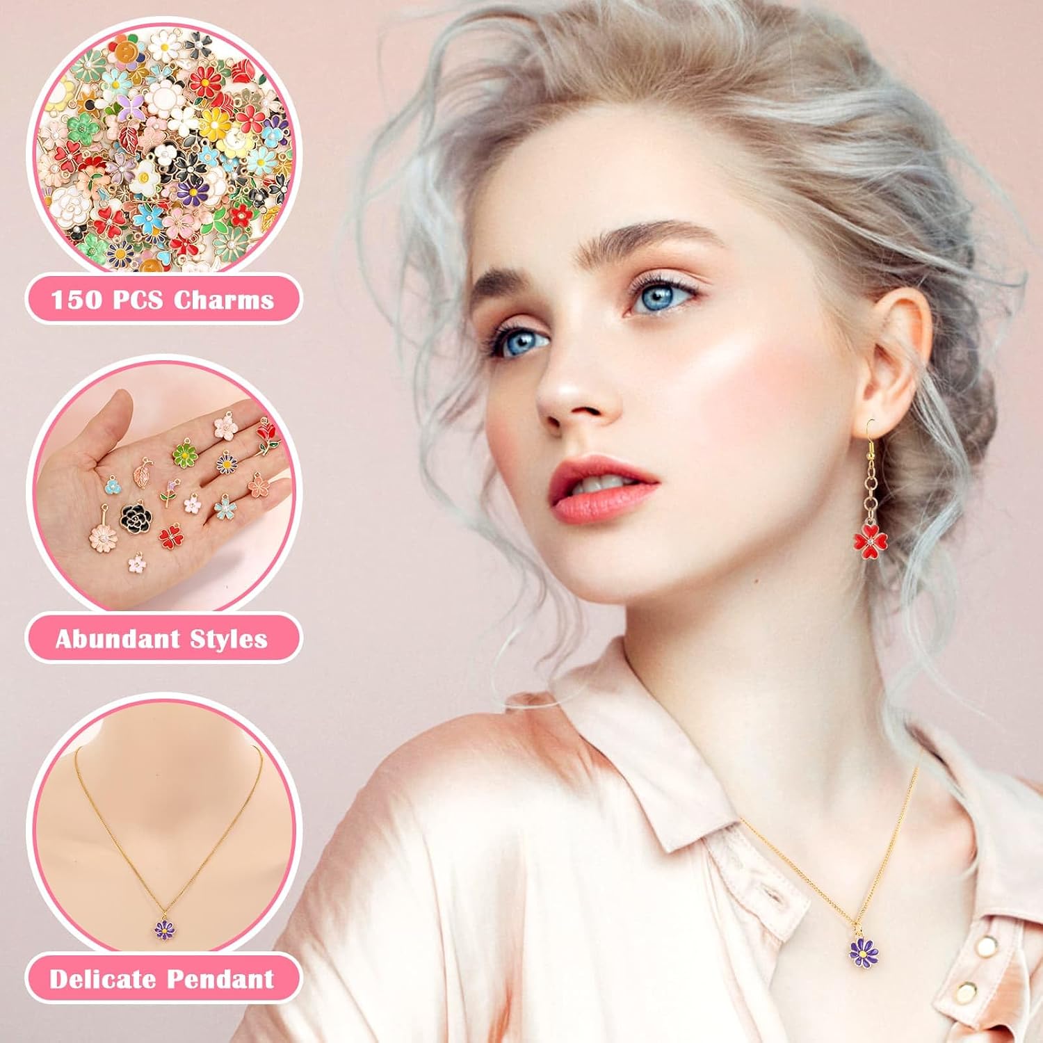150 Pcs Flower Charms for Jewelry Making(75 Pairs), Assorted Wholesale Mixed Bulk Metal Earring Charms for DIY Necklace Bracelet Earring Jewelry Making and Crafting