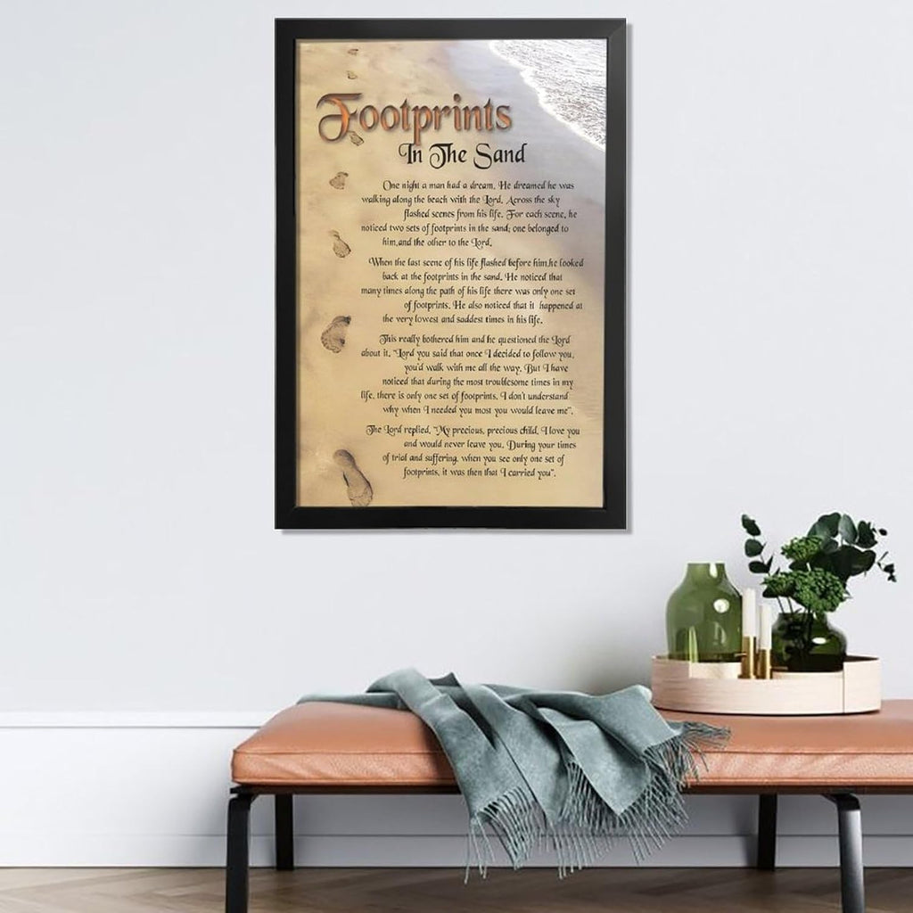 Footprints in the Sand Religious Canvas Wall Art Posters, Inspirational Beach Sunset Poem Print Poster (Black Framed 16x24inch, Footprints(3))