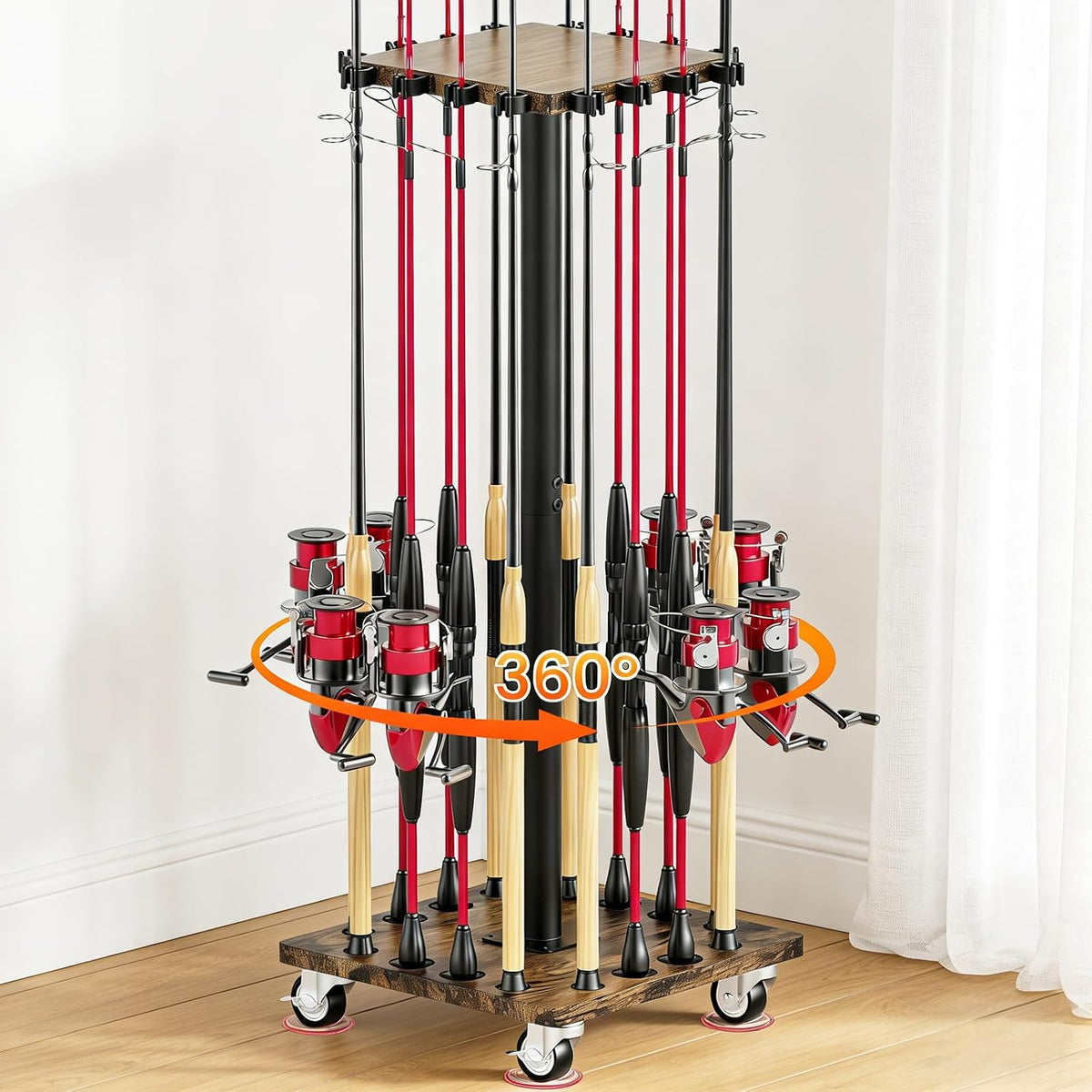 Fishing Rod Rack for 16 Poles - 360° Rotating Base, Easy to Install & Durable Wooden Pole Holders for Garage, Fishing Rod Equipment Organizer Storage Stand for Ground, Fishing Gifts for Men, Brown