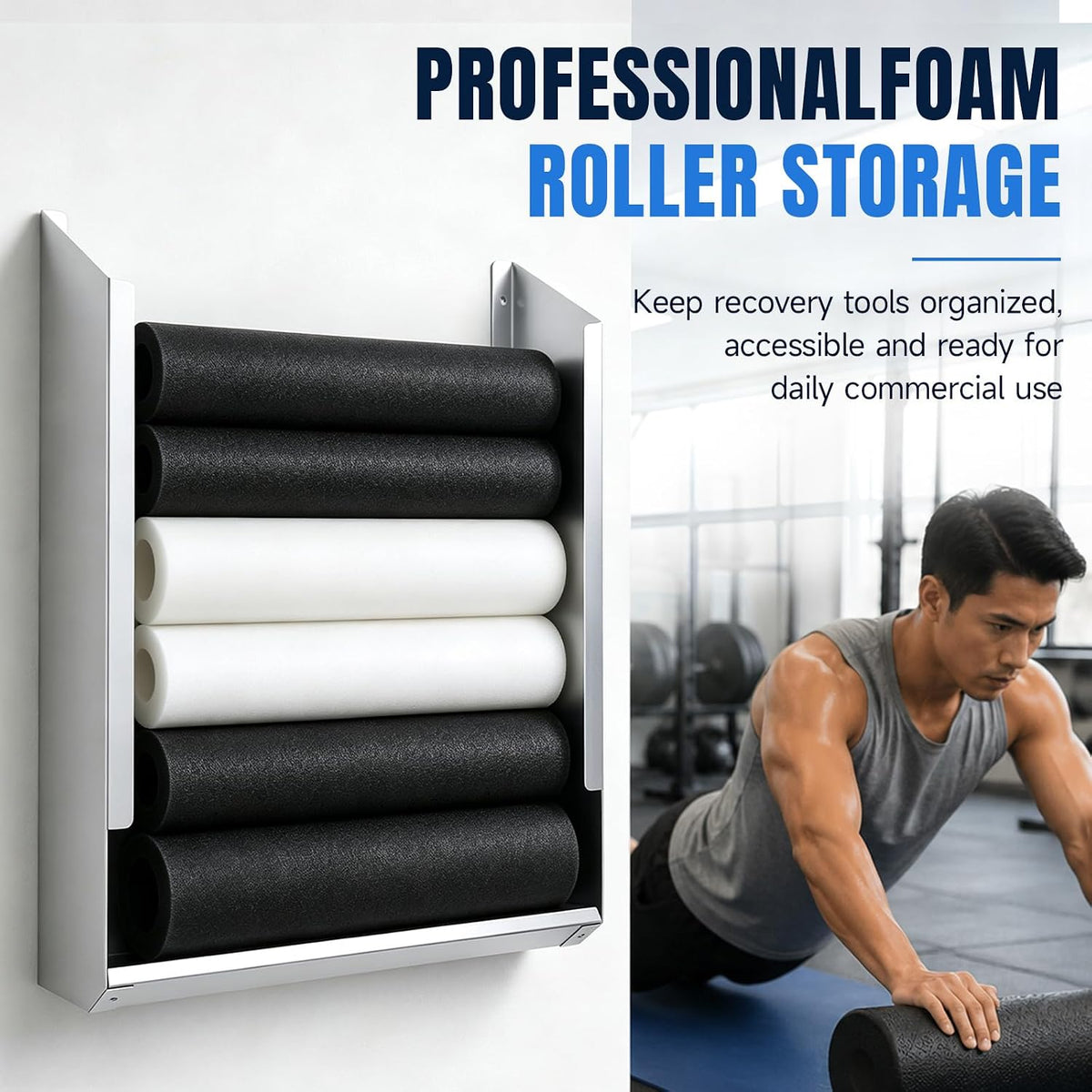 Zonon Wall Mounted Foam Roller Holder, Storage Rack Holds 4-6 Rollers Heavy Duty Meta Wall Organizer Home Gym, Gym, Workout Room