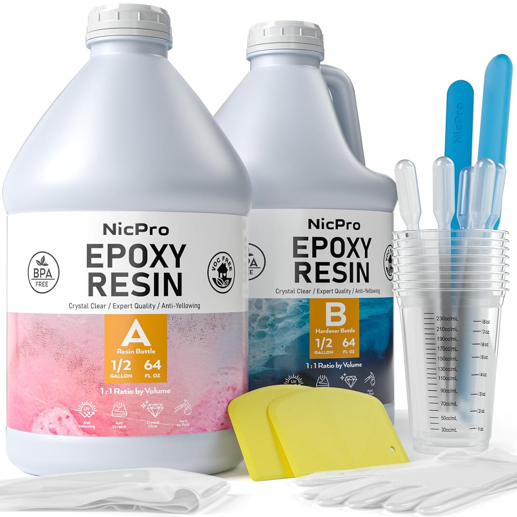 Nicpro 64OZ Crystal Clear Epoxy Resin Kit, High Gloss & Bubbles Free Resin Supplies for Coating and Casting, Craft DIY, Wood, Table Top, Bar Top, Molds, River Tables