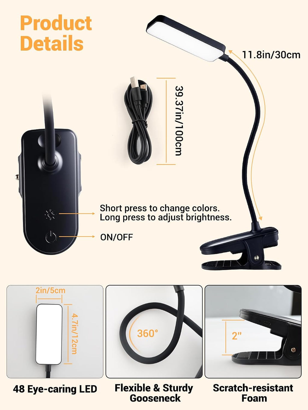 Clip on Light,45 Modes Dimmable+450 Lumen 48 LED Desk Lamp with Clamp Light