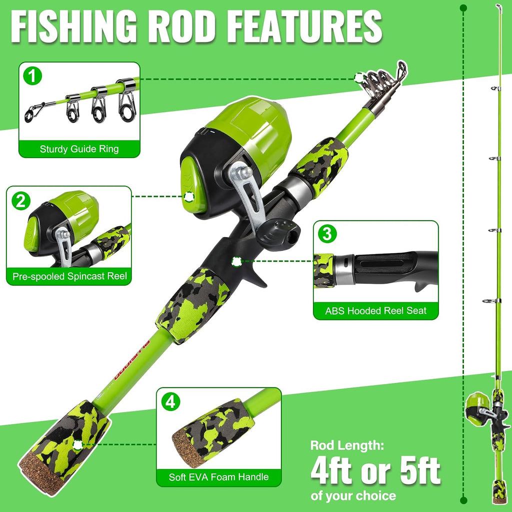 PLUSINNO Kids Fishing Pole with Spincast Reel Telescopic Fishing Rod Combo Full Kits for Boys, Girls, and Adults