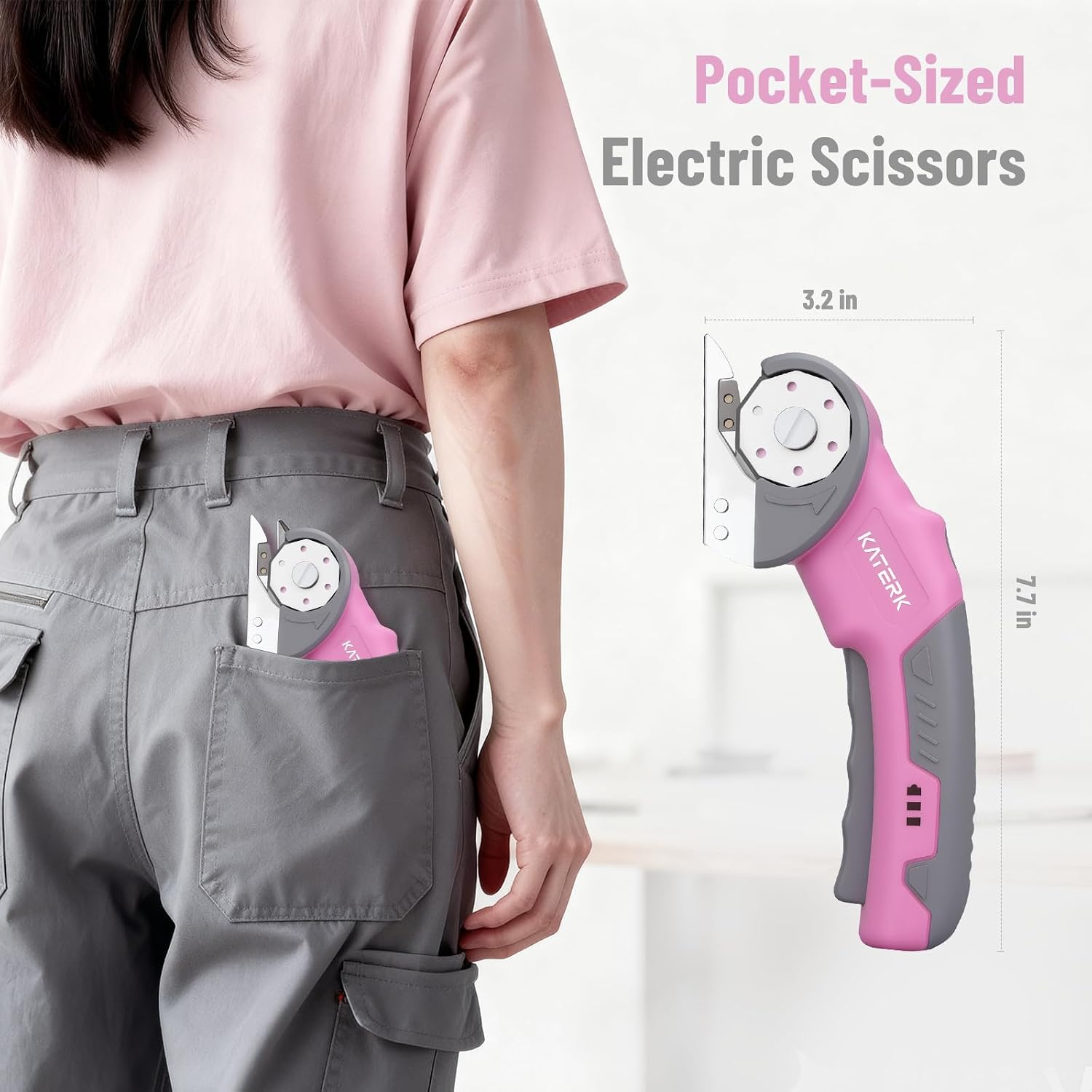 Katerk Cordless Electric Scissors with Safety Lock & LED Light, Pocket-sized Box Carpet Cardboard Cutters Tool, Ambidextrous Use, Rotary Cutter for Fabric, Leather, Plastic, Crafting, Industrial