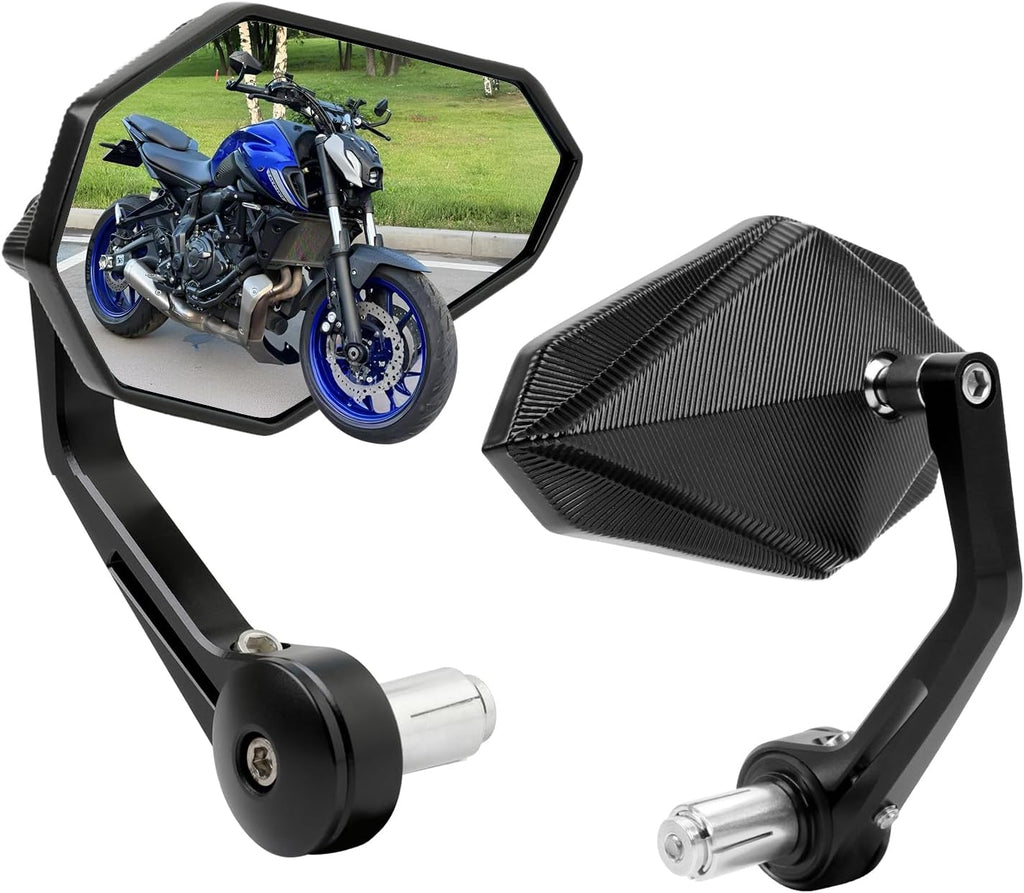 DREAMIZER Motorcycle Bar End Mirrors Black CNC Bar End Mirrors for Motorcycles Compatible with Honda Kawasaki Suzuki Scooter and More (White Glass Lens)