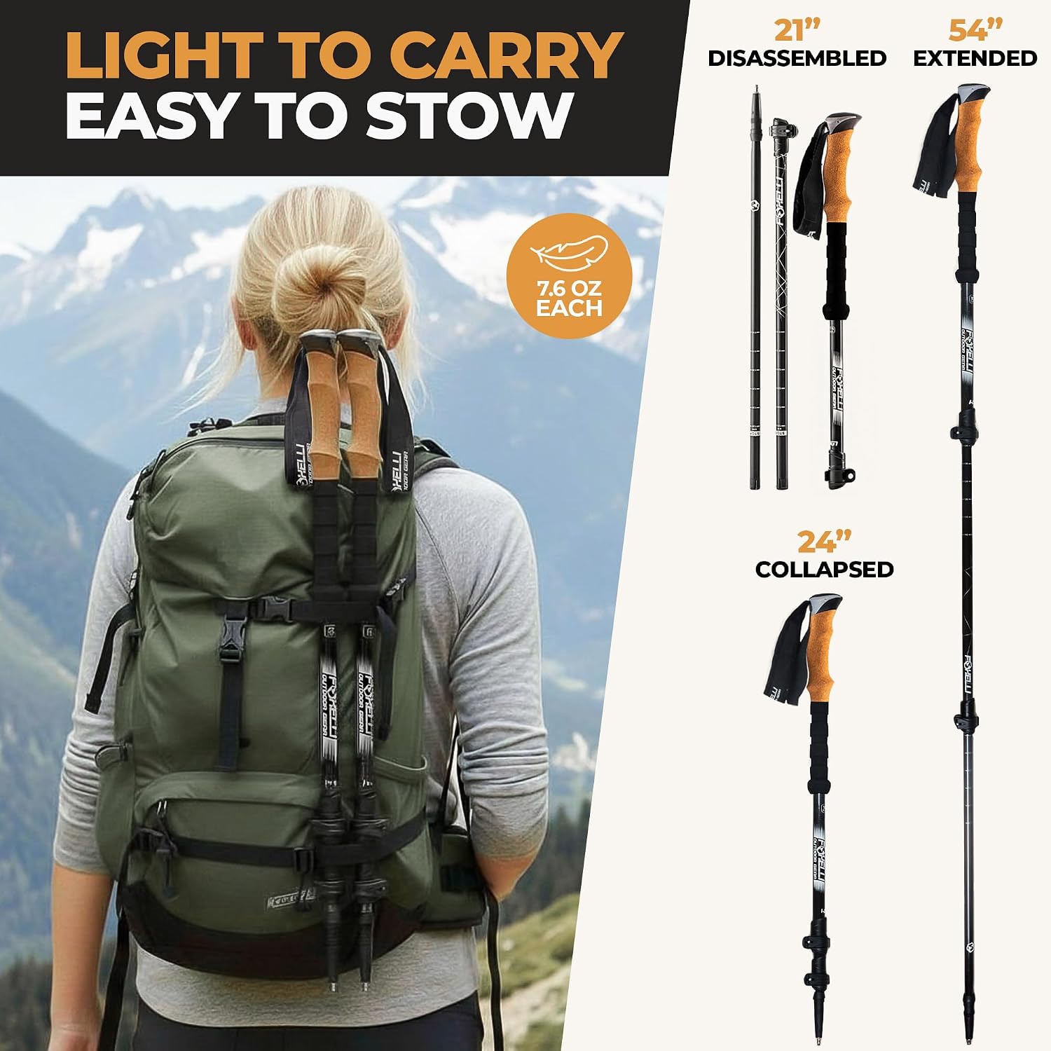 Foxelli Carbon Fiber Trekking Poles – Lightweight Collapsible Hiking Poles with Cork Grips, Quick Flip Locks & All-Terrain Accessories – Adjustable Height Hiking Sticks for Men & Women
