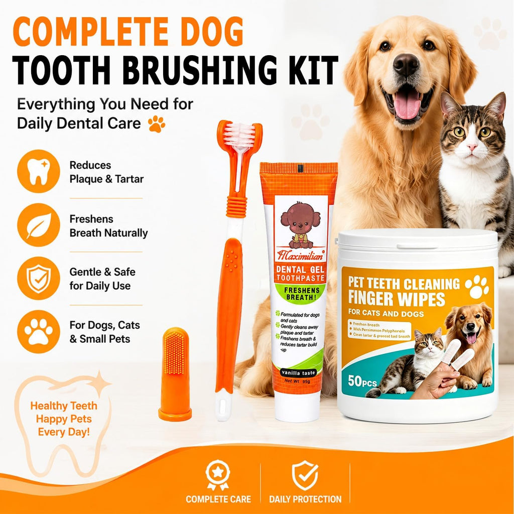 Dog Tooth Brushing Kit for Teeth Cleaning – Beef Toothpaste, Brush & 50 Finger Wipes