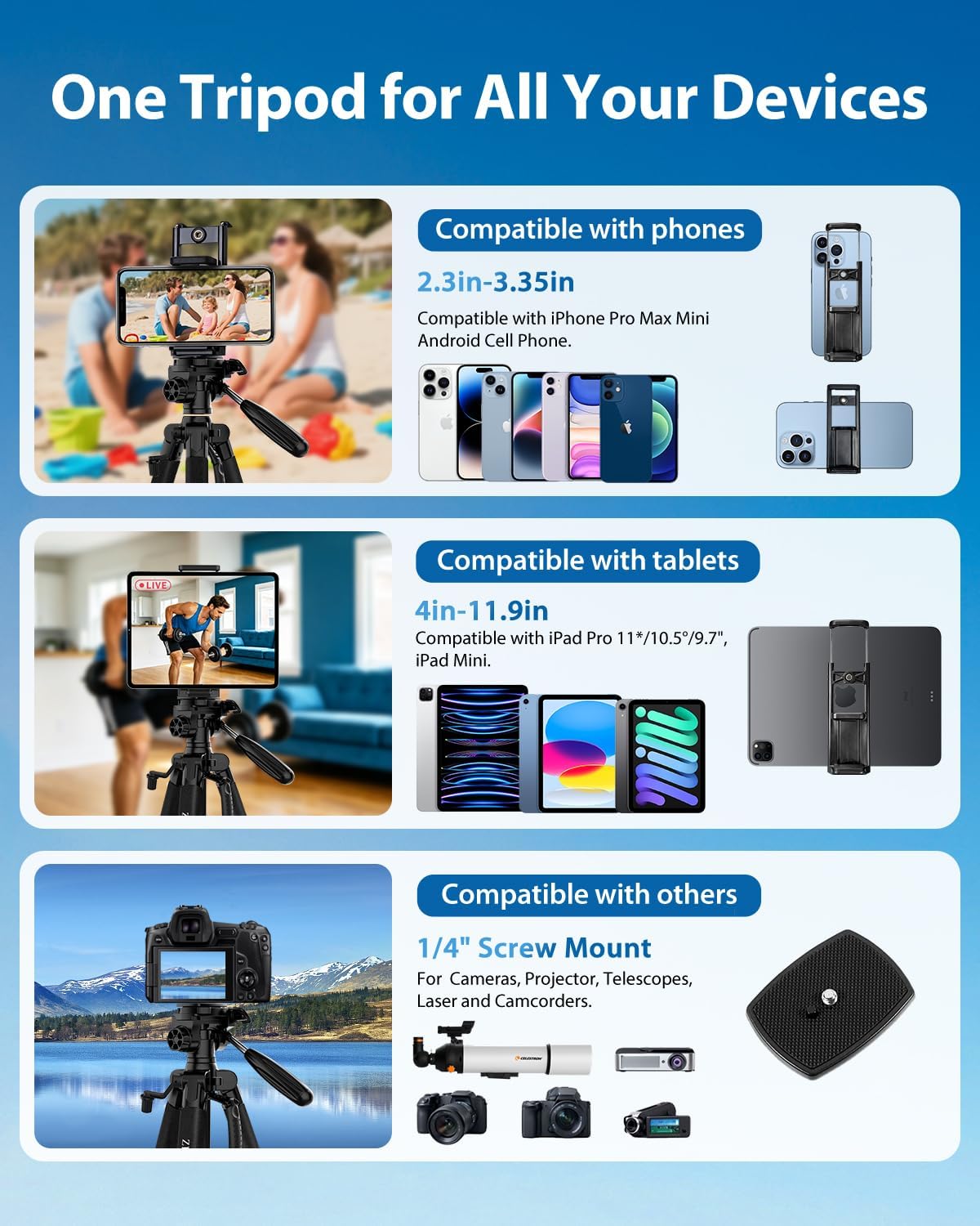 75" Camera Tripod Stand, Heavy Duty with Remote for DSLR iPad iPhone