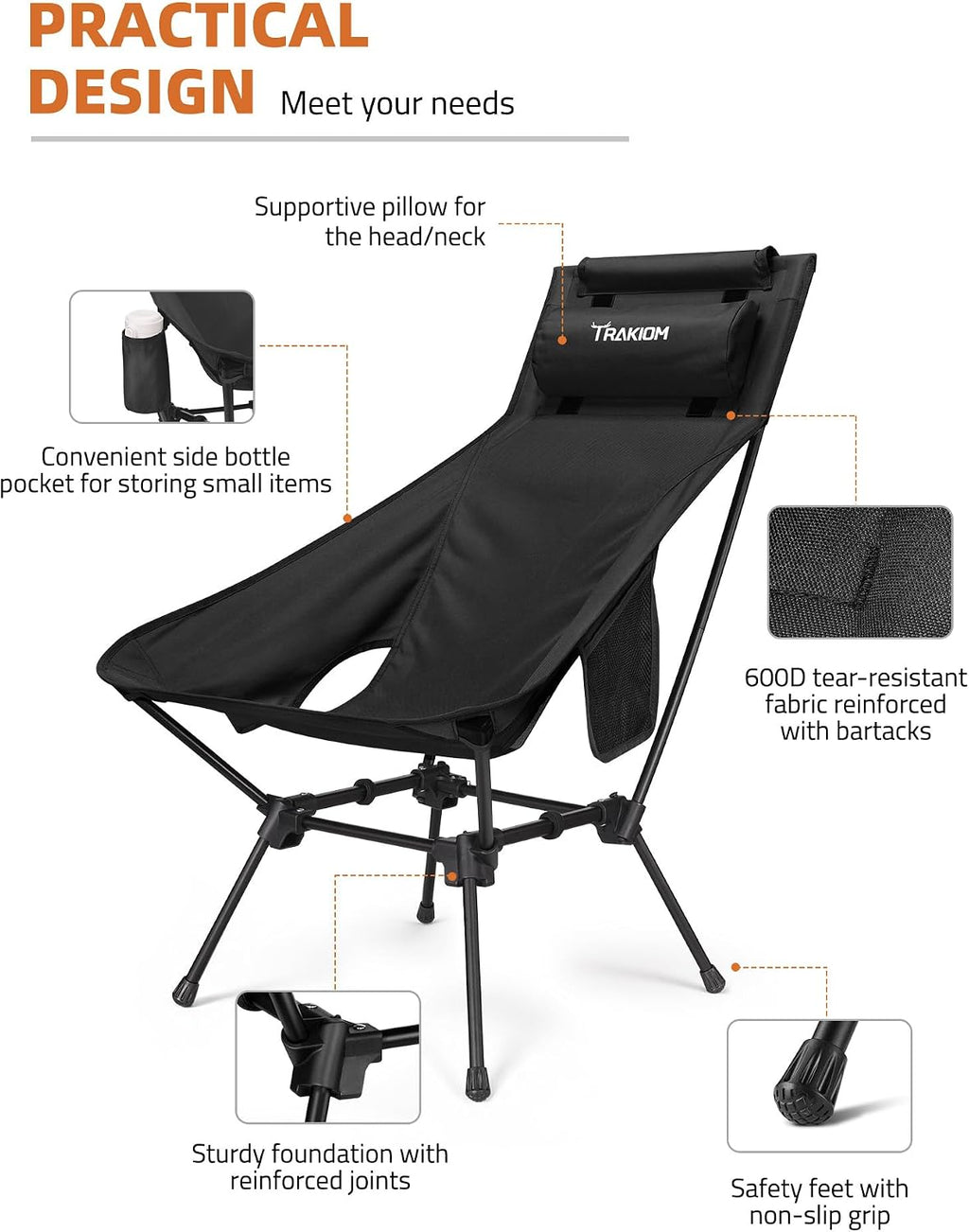 Trakiom High Back Camping Chair with Head/Neck Support Widened Seat, Black