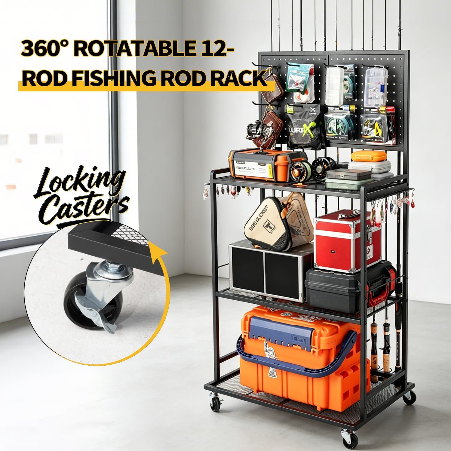 SOYEEZE Fishing Rod Holders for Garage, Fishing Pole Holder Up to 12 Rods with Pegboard and Hooks,Rolling Fishing Cart with Wheels, Fishing Gear Storage For Tackle Box & Reel Organization-4 Side Fence