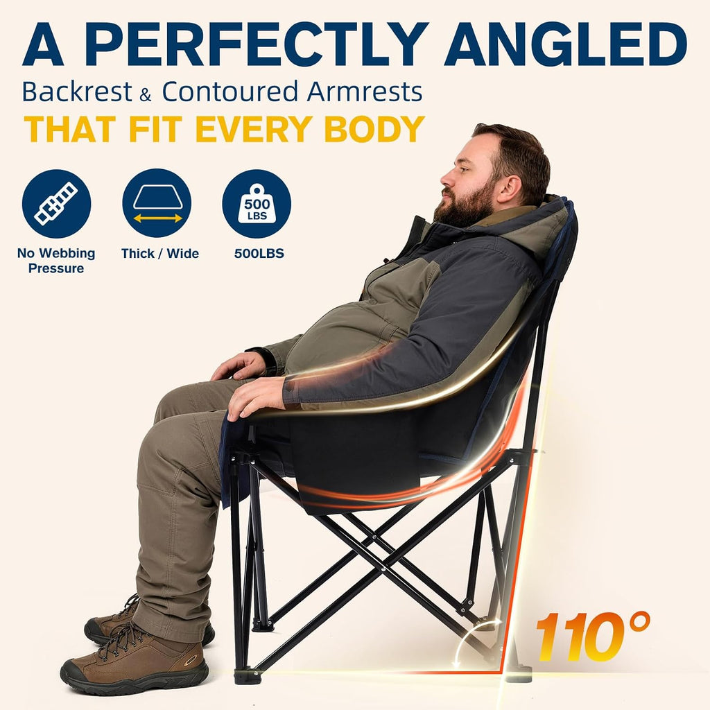 Heated Oversized Camping Chair, Heavy Duty Padded, Thick Headrest, Blue