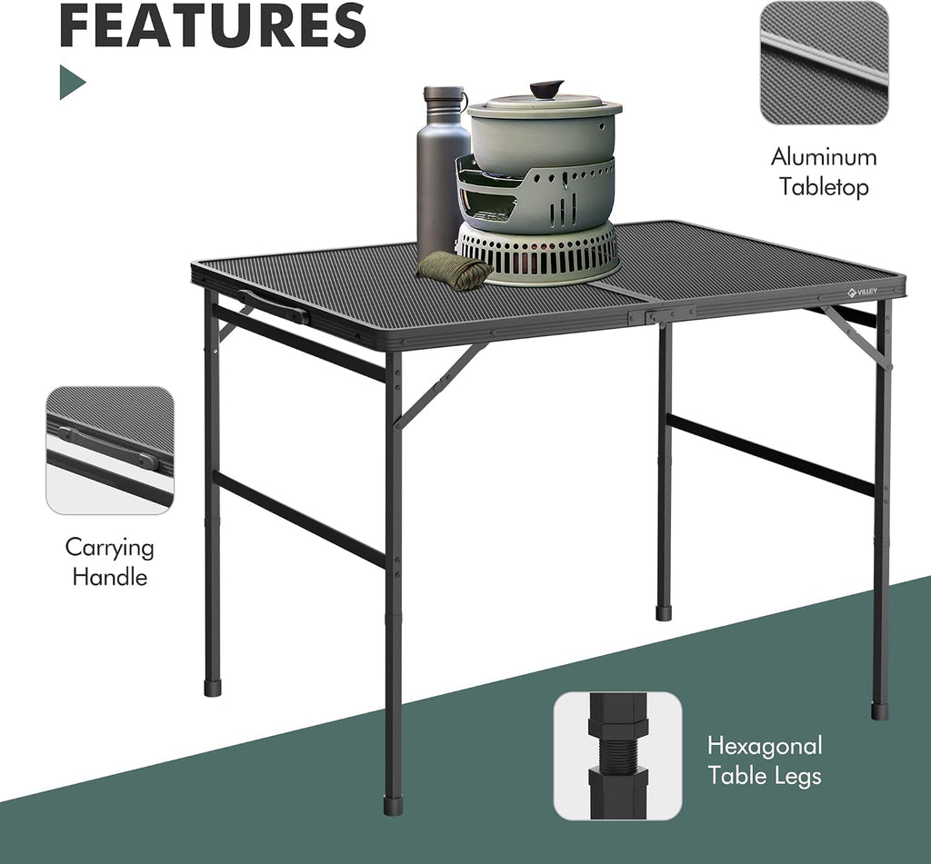 VILLEY 3ft Folding Camping Table, Aluminum Grill Table with Adjustable Legs
