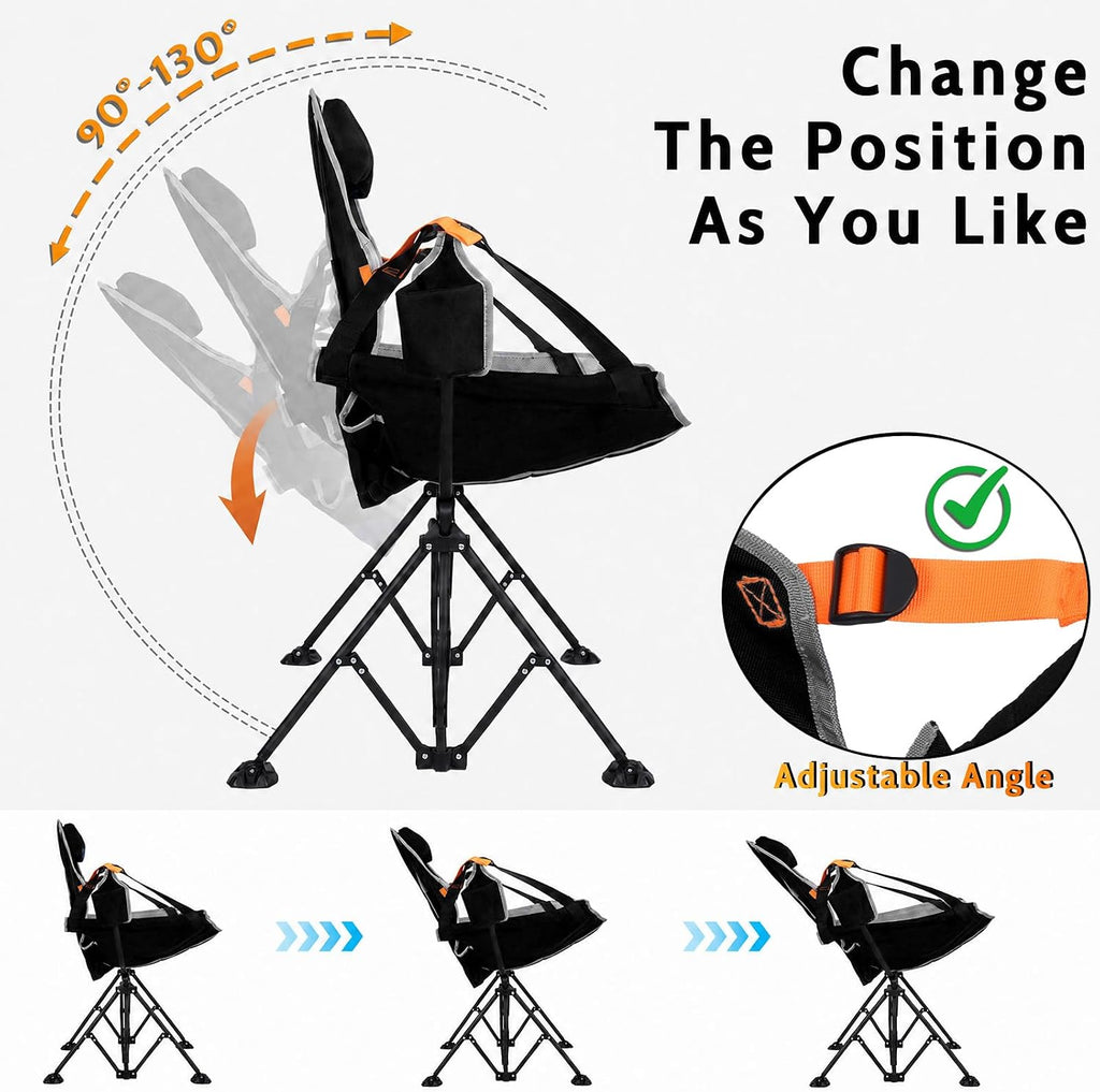 Romswi 1 Pcs Hammock Chair, Oversized Portable Folding Swinging Chair with Adjustable Back & Seat, Supports 440lbs for Outdoor, Patio, Lightweight Camp Chair Black (Without footrest)