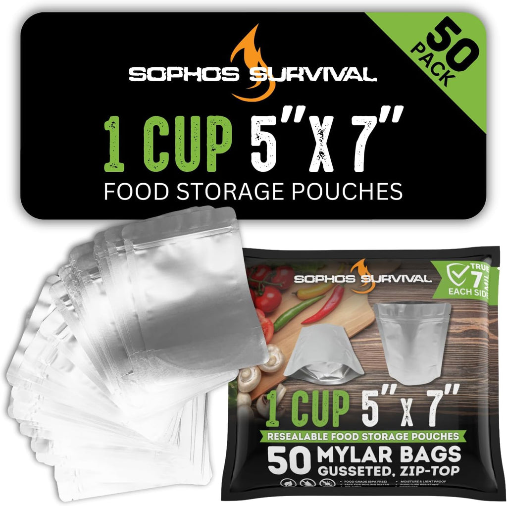 50 Mylar Bags for Food Storage, Airtight 7-Mil Thick Gusseted Zip Lock, Long Term, Reusable, Emergency Food Supply & Freeze Dryer Bags - 2 Quart 10.5x9.5 Inch
