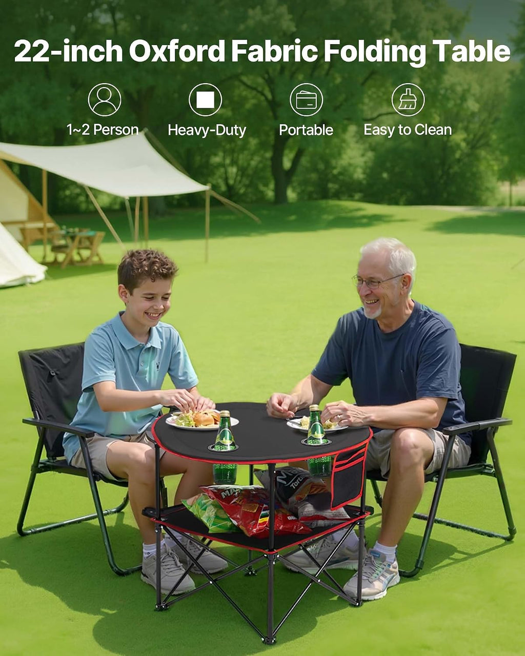 VEVOR Folding Camping Table, Portable Outdoor Lightweight Picnic Table, 600D Oxford Fabric Waterproof Canvas Travel Beach Tables, with 4 Cup Holders, Carry Bag, for Tailgating Camping Picnic, Black