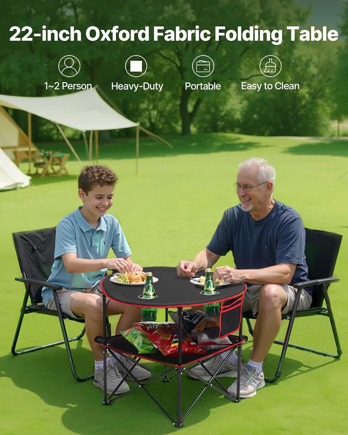 VEVOR Folding Camping Table, Portable Outdoor Lightweight Picnic Table, 600D Oxford Fabric Waterproof Canvas Travel Beach Tables, with 4 Cup Holders, Carry Bag, for Tailgating Camping Picnic, Black