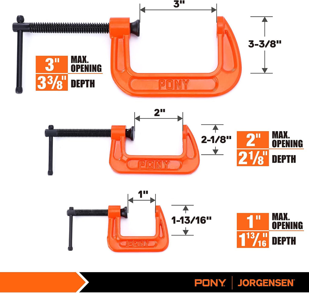 PONY Malleable Iron C-Clamp Set, 3-Piece, (1", 2", 3")