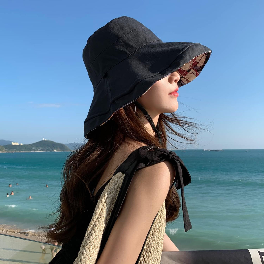 HUAMULAN Wide Brim Women Summer Sun Floppy Hat Reversible Beach Bucket Hat