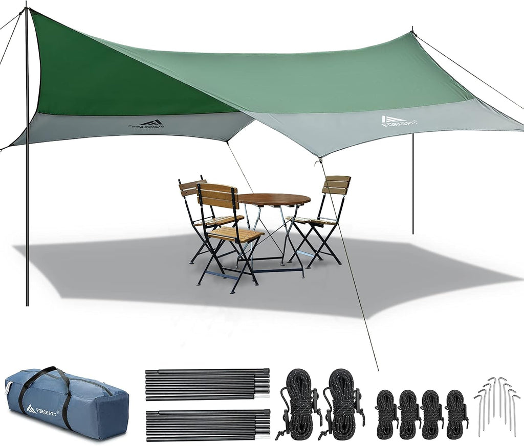 Forceatt 12x14FT Waterproof Camping Tarp with 2 Poles, Sun Shelter for Car, Tent, Hammock in Camping, Hiking, Backpacking, Garden and Traveling