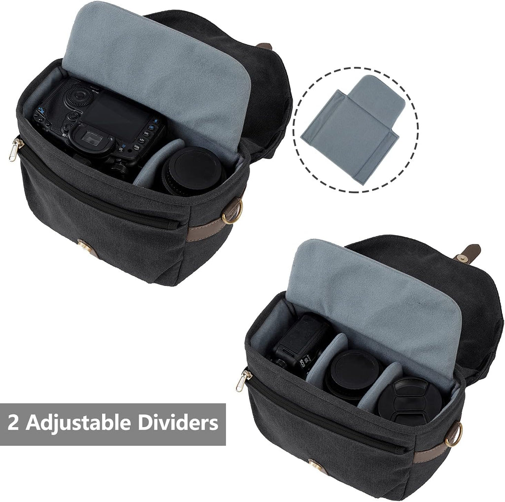 BAGSMART Canvas Crossbody Camera Bag with Rain Cover for Women Men, Black