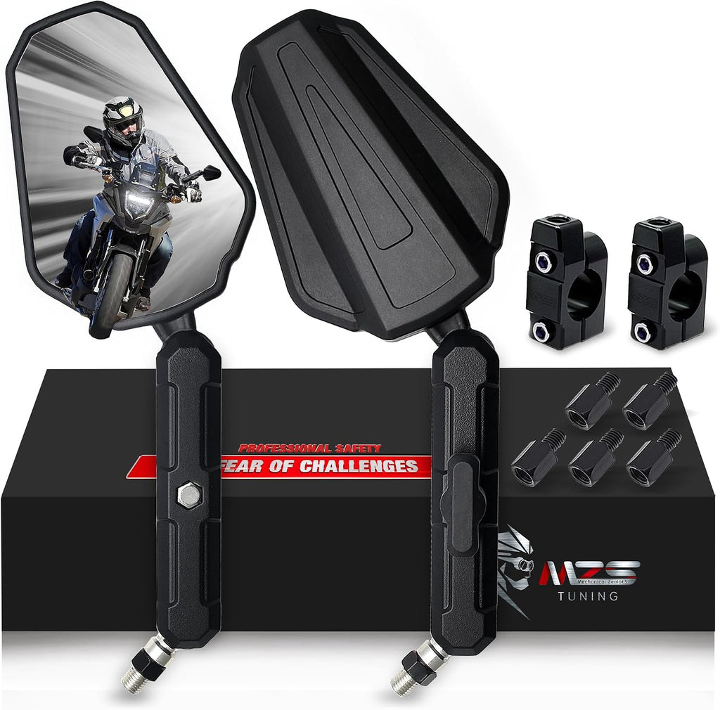 MZS Adventure Motorcycle Mirrors, 10mm 8mm Foldable Motorbike Rear View Handlebar Side Mirror with Aluminum Mount Black Fit for Street Dirt Electric Bike Ebike Scooter ATV Quad