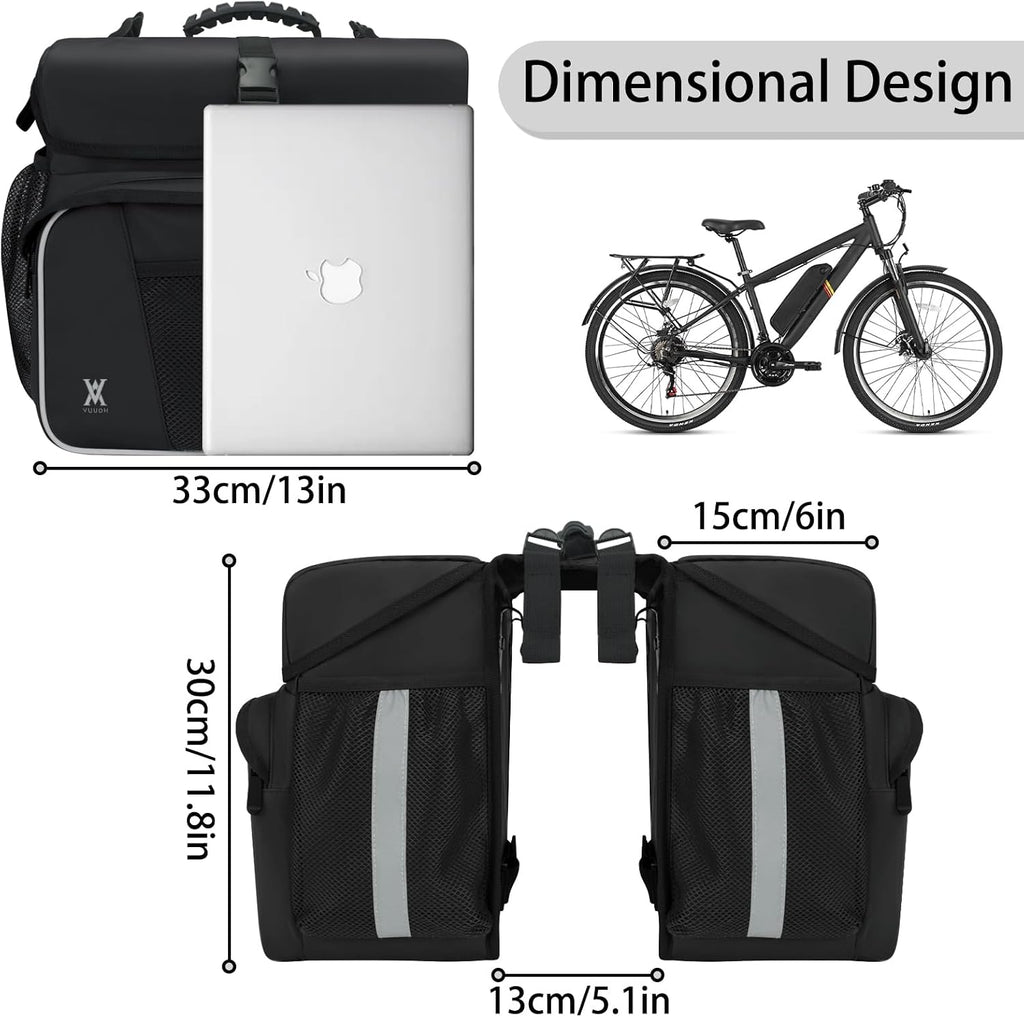 Waterproof Double Panniers Bag - 36L Saddle Bags for Rear Rack Bicycles with Safety Reflective Strips, Bicycle Commuting Pannier Fit Most Bicycle Rack with Rain Cover (With Rain Cover, Black, 36L)
