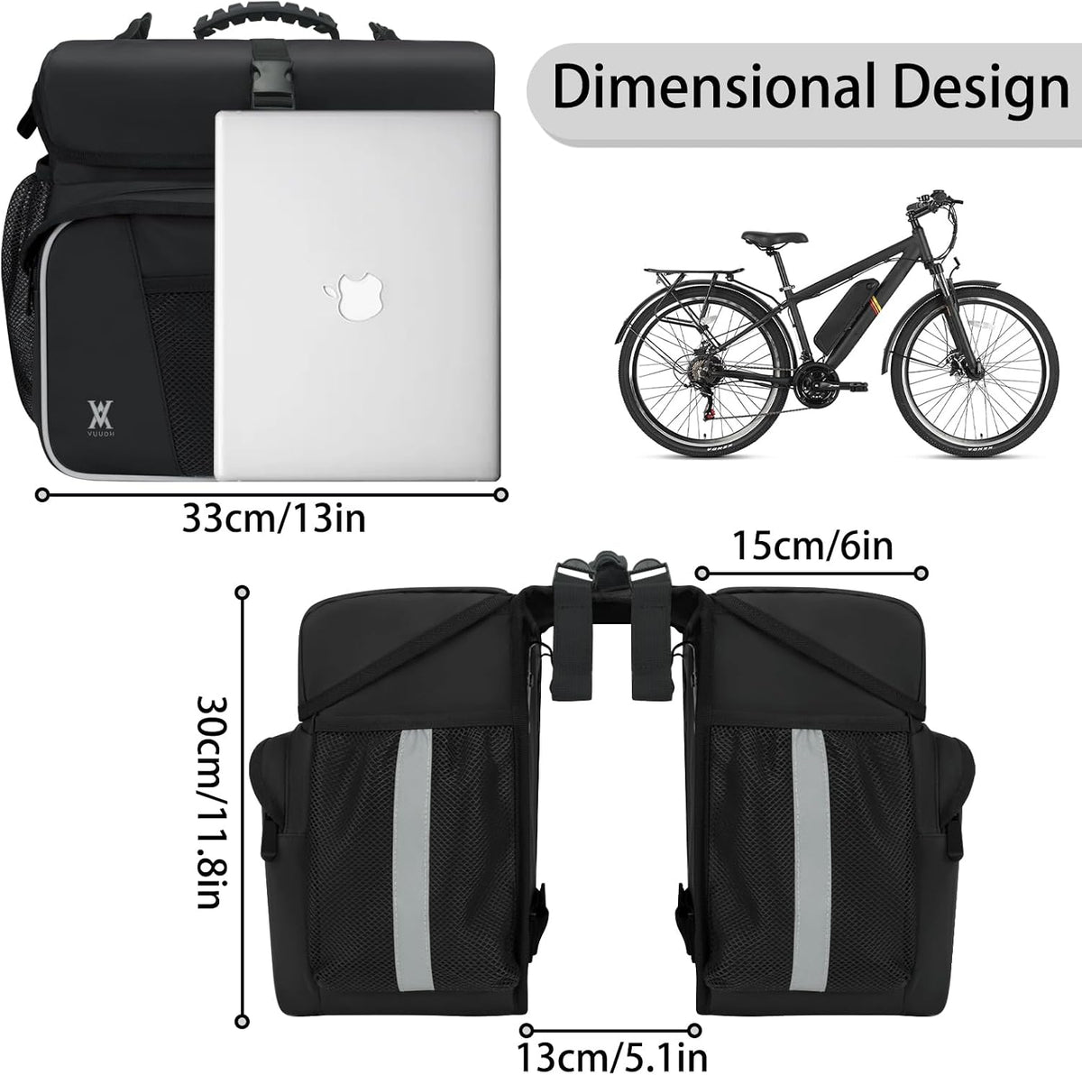 Waterproof Double Panniers Bag - 36L Saddle Bags for Rear Rack Bicycles with Safety Reflective Strips, Bicycle Commuting Pannier Fit Most Bicycle Rack with Rain Cover (With Rain Cover, Black, 36L)