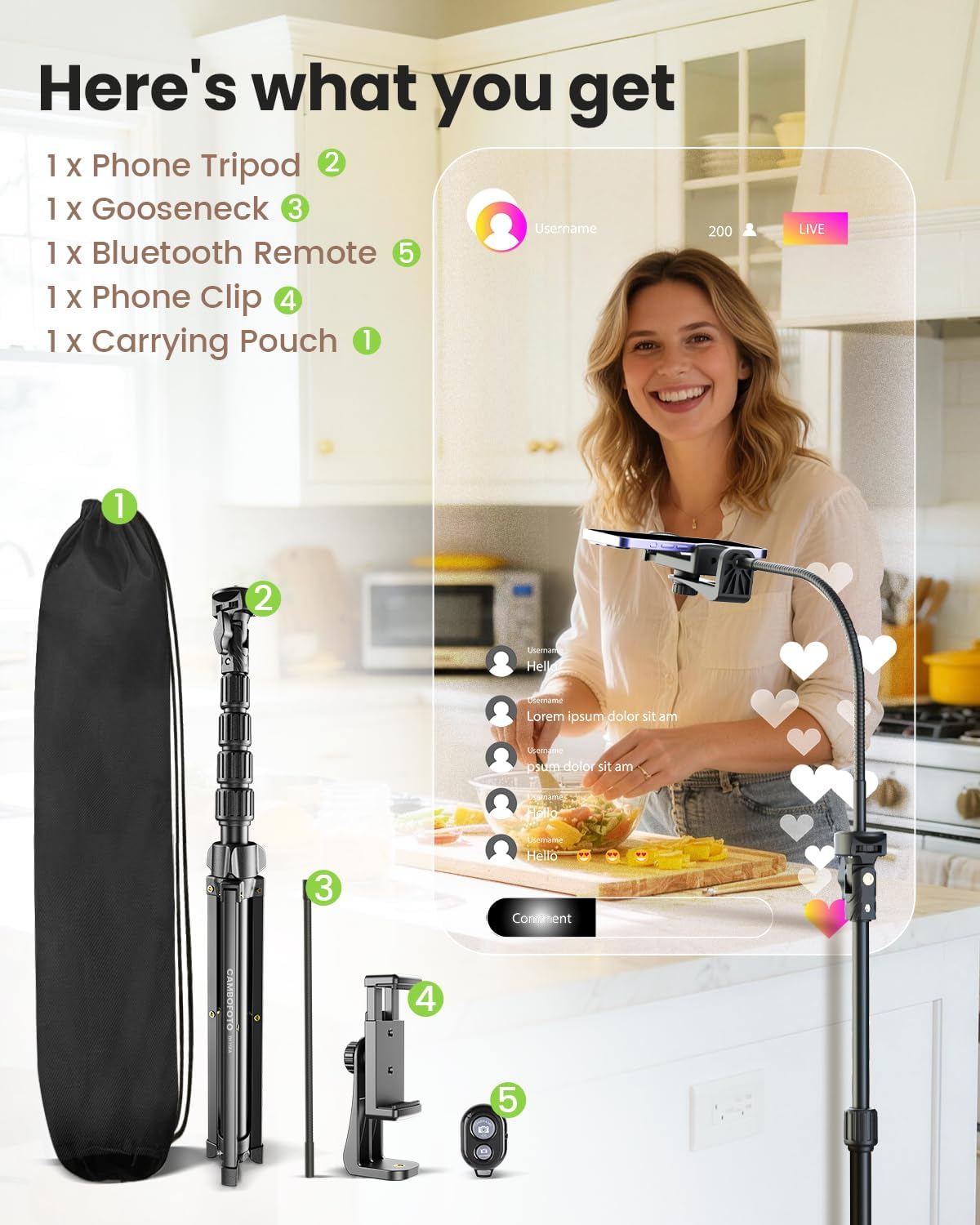 CAMBOFOTO 82"/210cm Tall Tripod for iPhone with Gooseneck & Remote, Holder