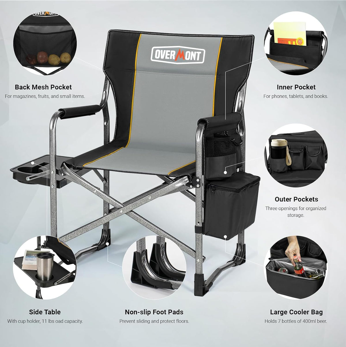 Overmont Folding Camping Chair with Side Table, Cooler Bag, 400 lb Capacity