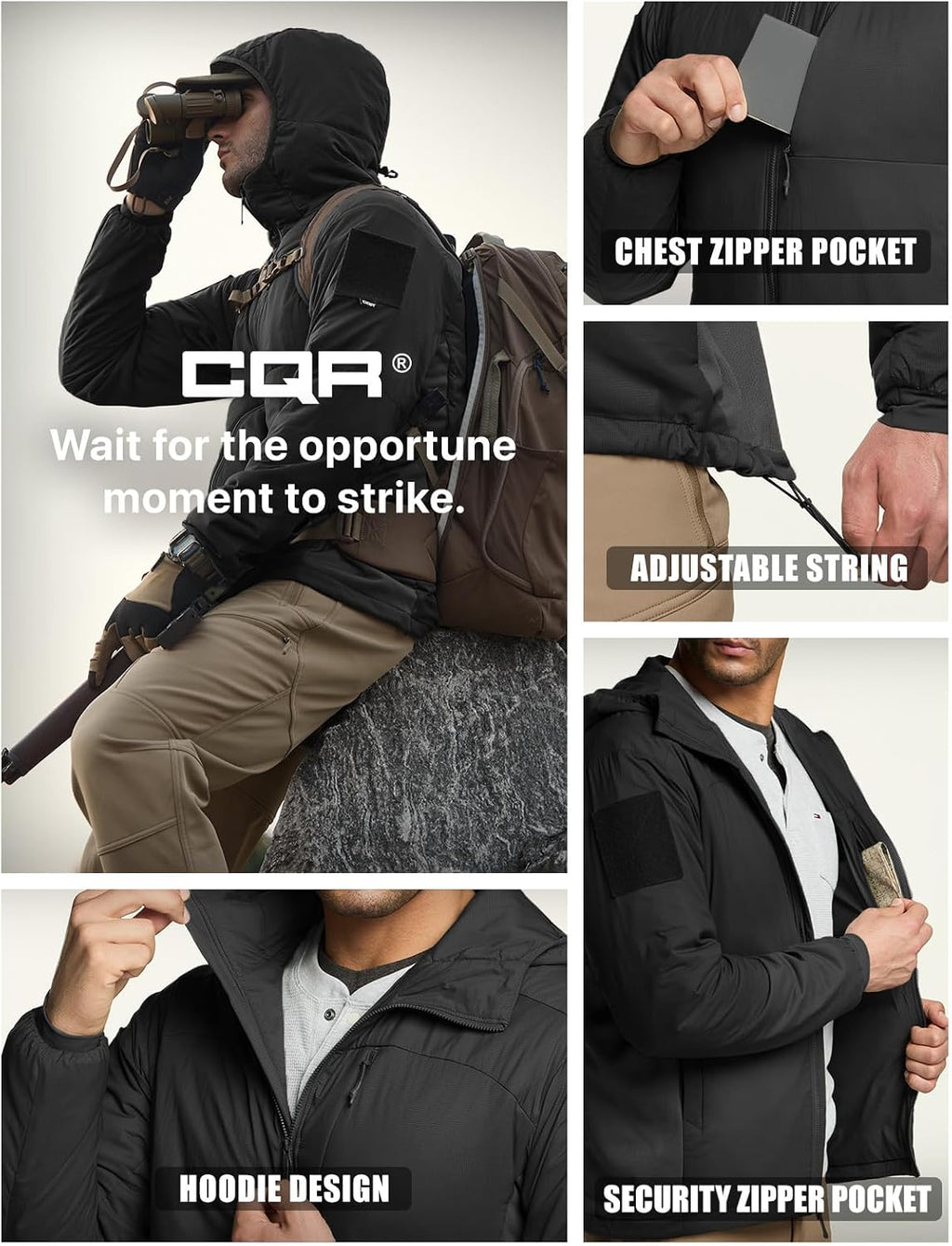 CQR Men's Lightweight Warm Insulated Jacket, Windproof Water Resistant Winter Active Coat for Hiking Work Outdoor Tactical
