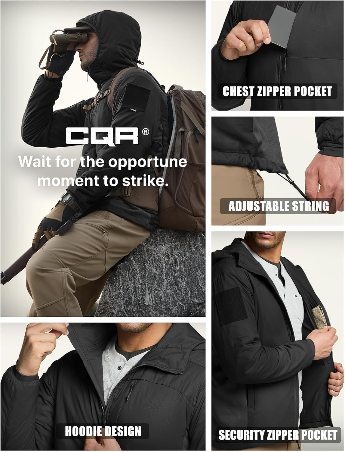CQR Men's Lightweight Warm Insulated Jacket, Windproof Water Resistant Winter Active Coat for Hiking Work Outdoor Tactical